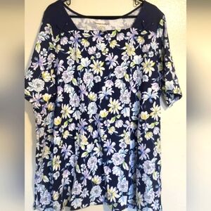 Woman Within Womens Tee Shirt 2X Floral Navy Blue Size 2X EUC